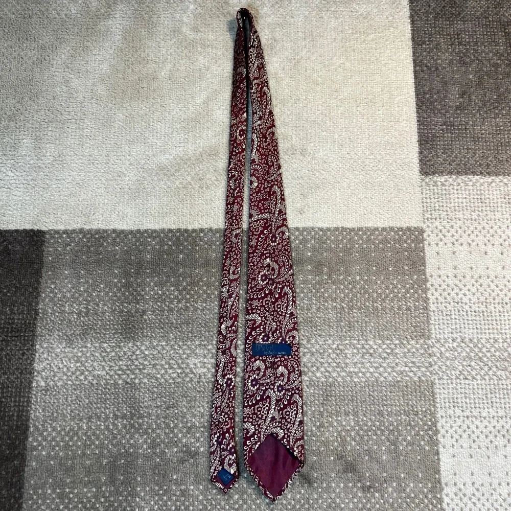 Polo Ralph Lauren Mens Silk Tie Burgundy Paisley Geometric Necktie Made in‎ USA